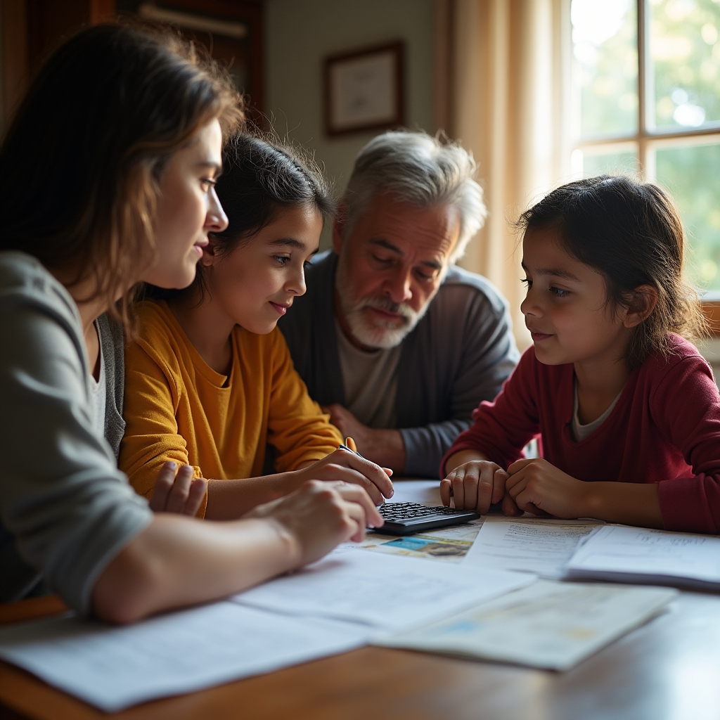Family members gathered around a kitchen table with paperwork, having a serious conversation
