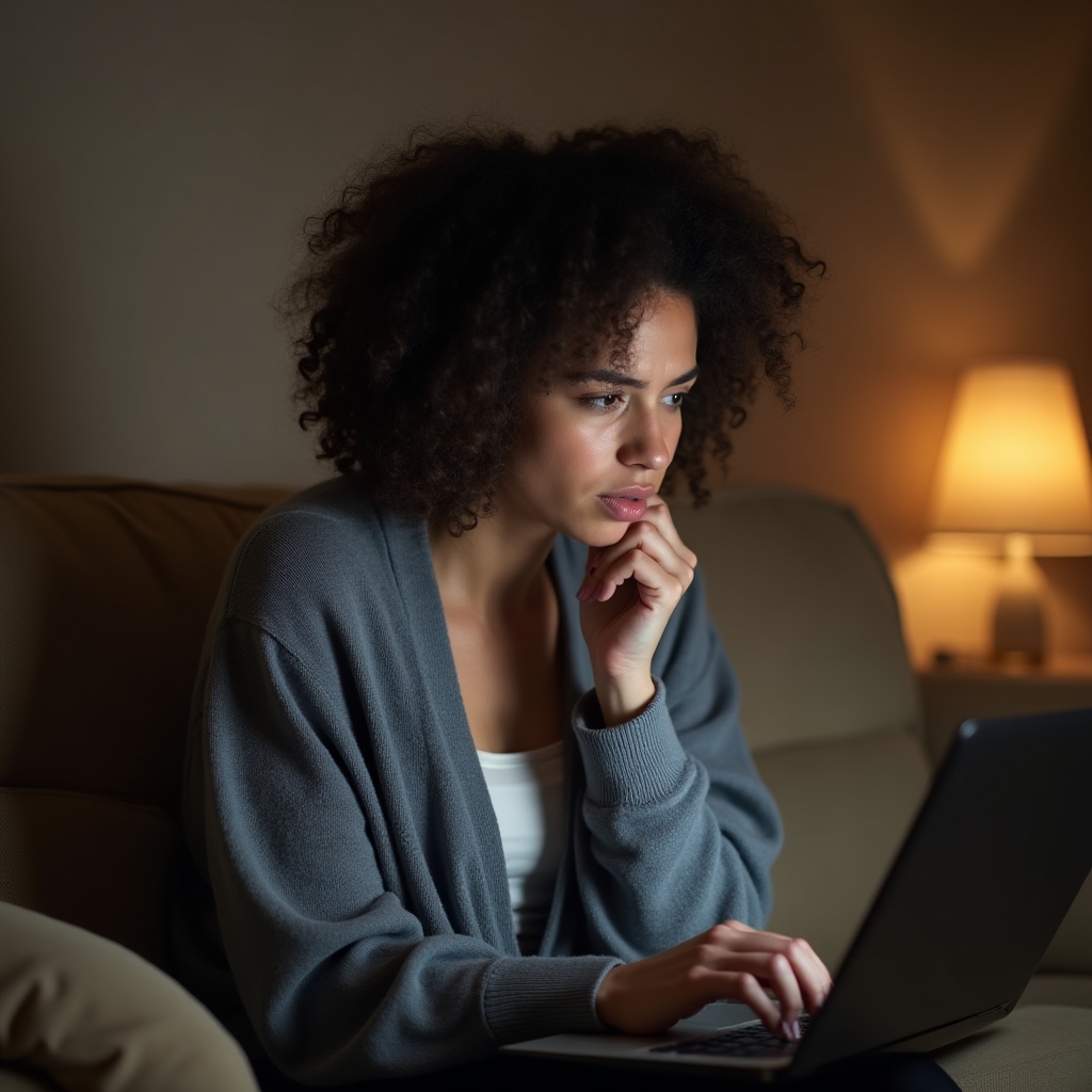 Person sitting on a couch looking at a laptop screen with a cautious, hesitant expression