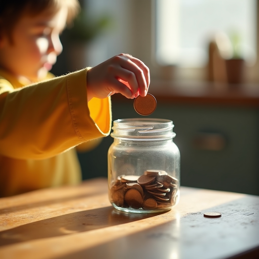 Close-up of a child's hand placing a coin into a glass jar on a wooden table, symbolizing early money memories