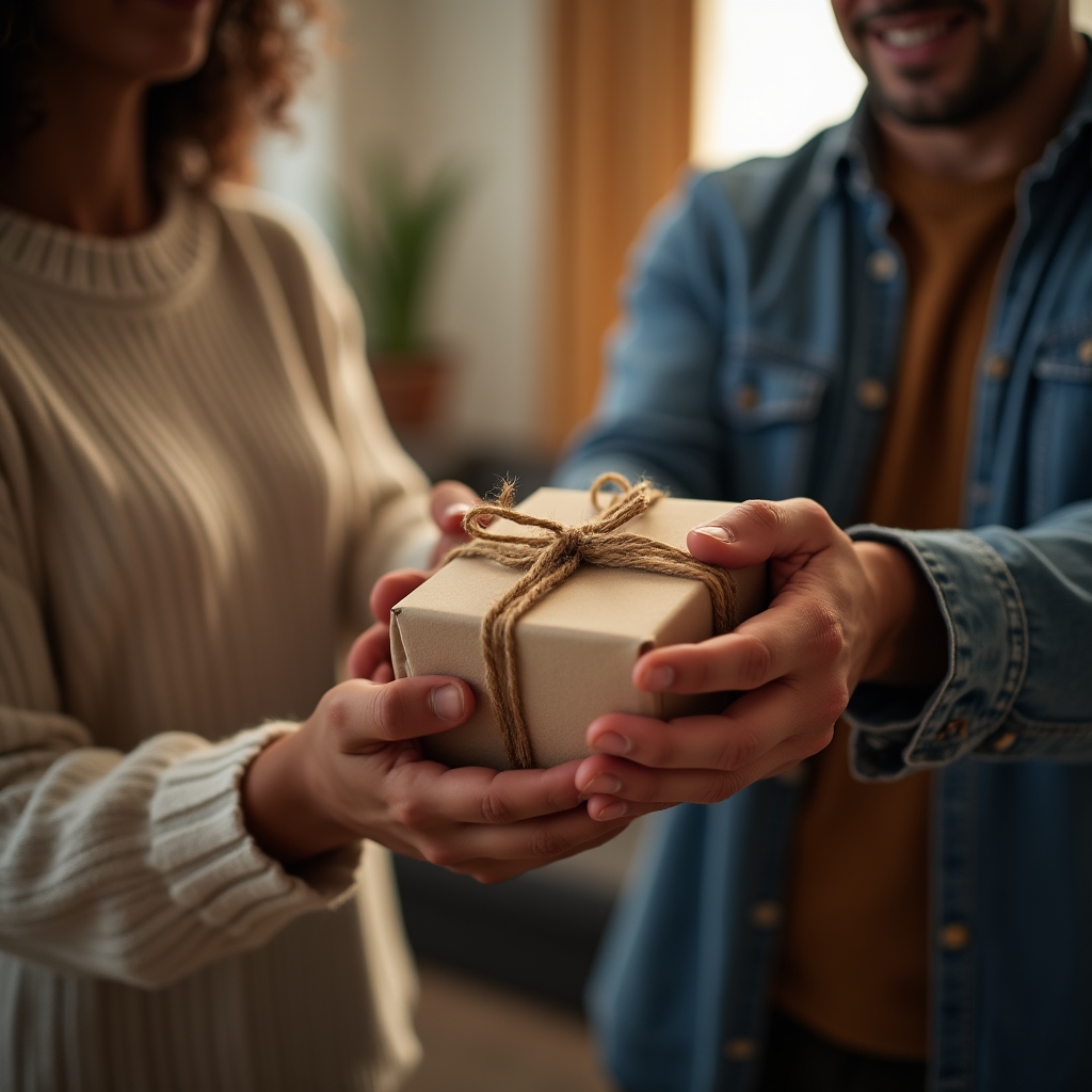 Hands exchanging a small wrapped gift, representing patterns of generosity and giving