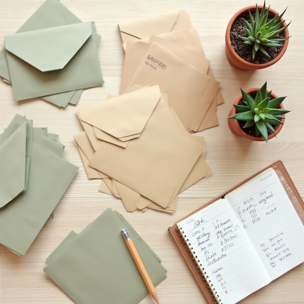 Neatly organized stack of savings envelopes and a notebook representing structured saving habits