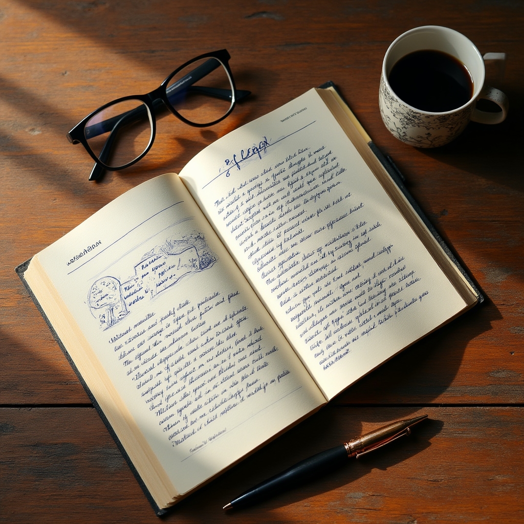 Printed reflection workbook open on a wooden desk beside a pen and a cup of coffee