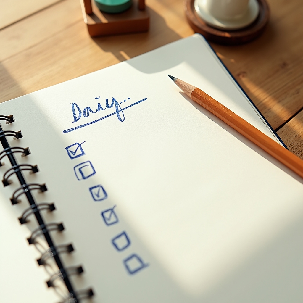 Open notebook with a simple daily checklist for practicing new money reflection habits
