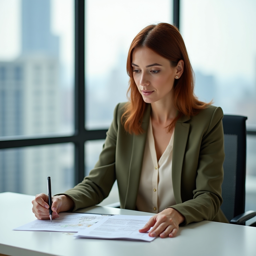 Adult reviewing printed course material at a desk in a bright, modern office setting