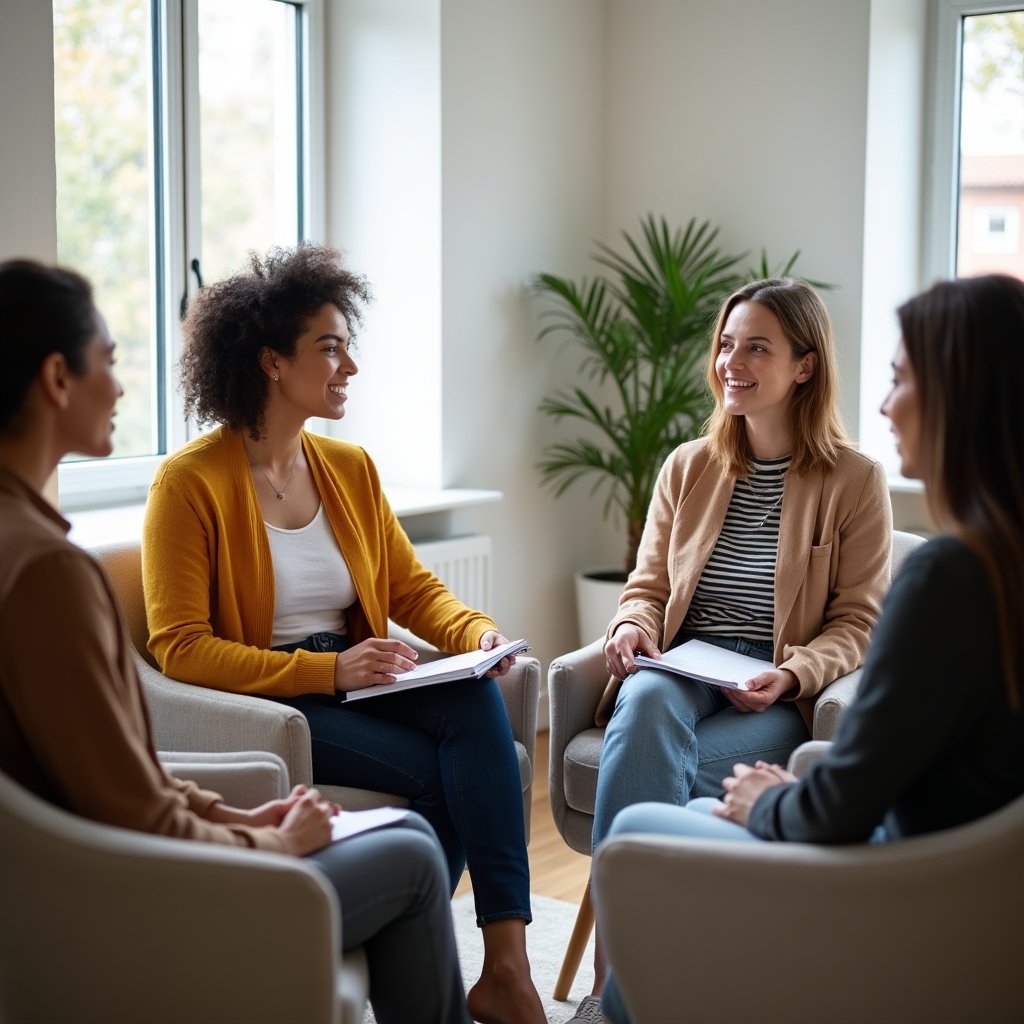 Small group of adults seated in a circle during a guided reflection discussion in a bright room