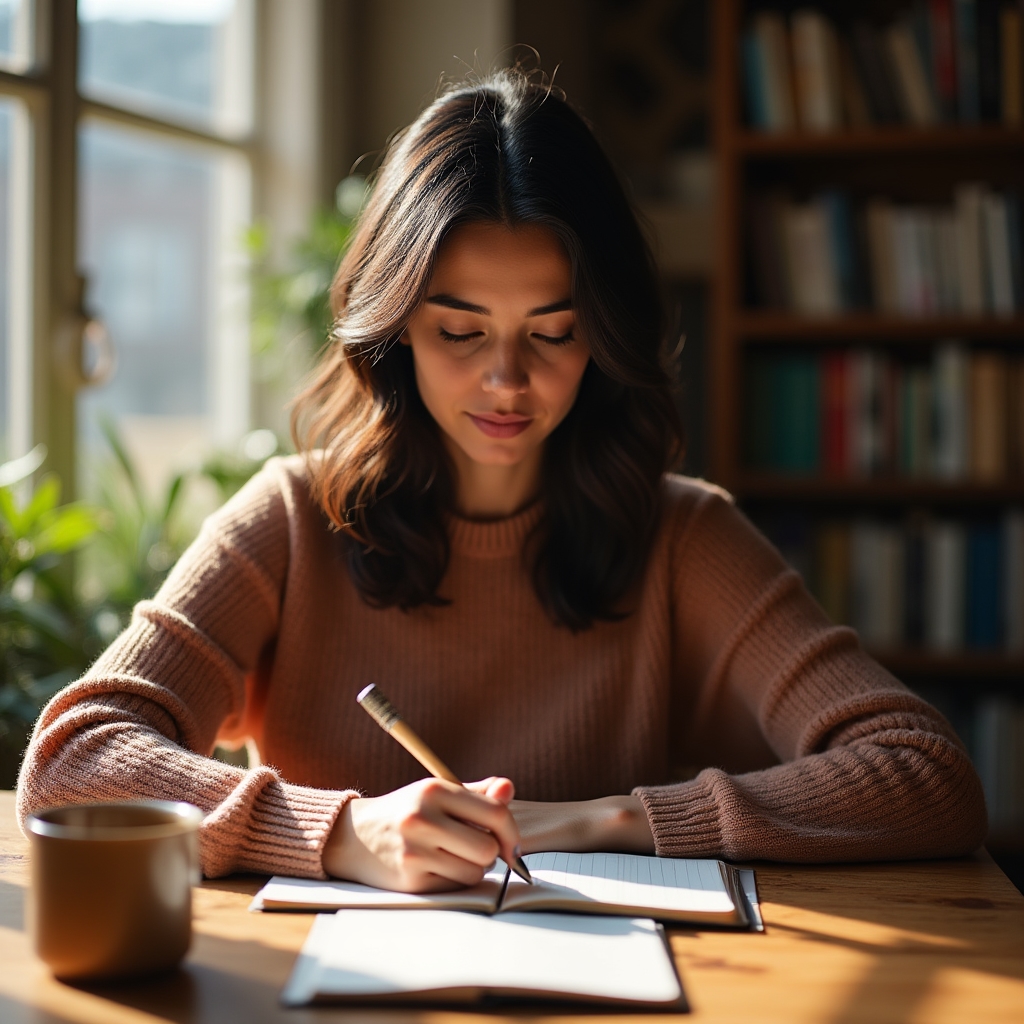 Adult writing quietly in a reflection journal beside a cup of tea, examining personal money habits