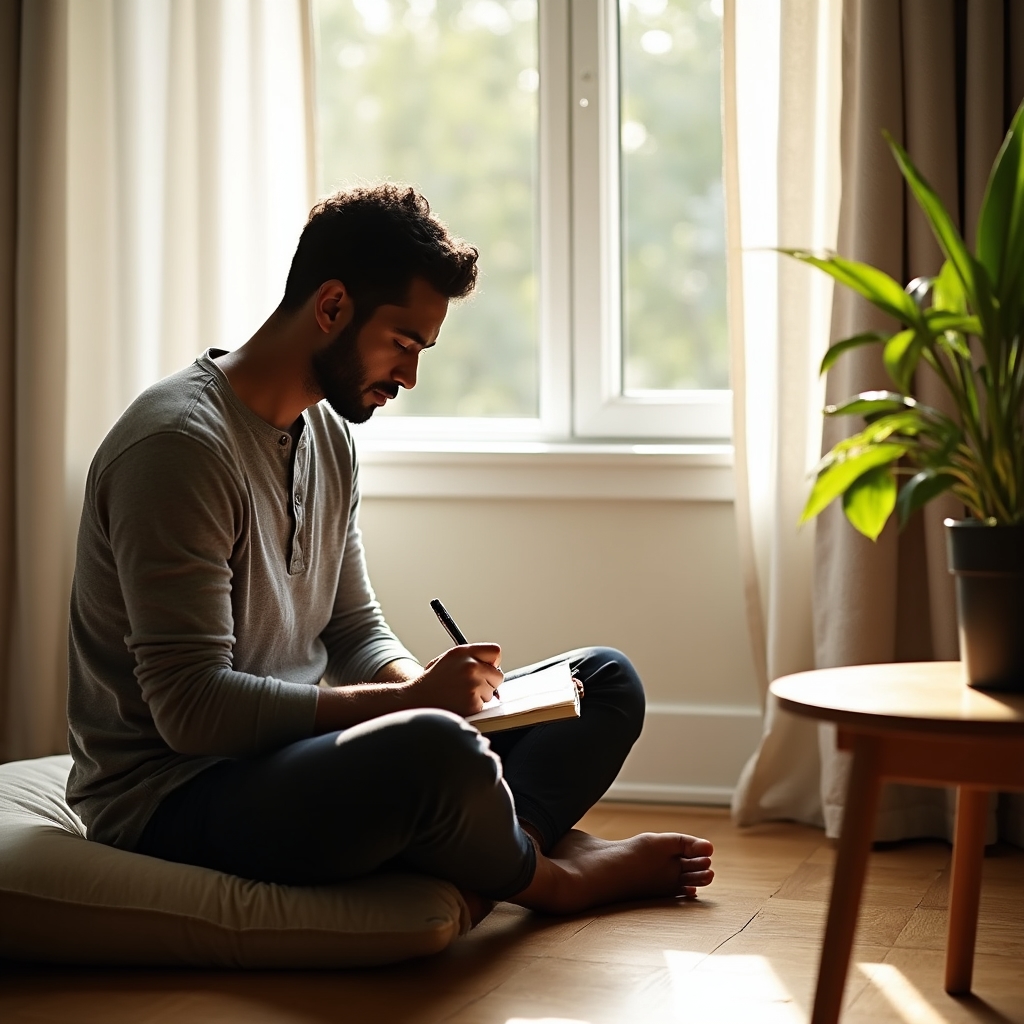 Person sitting calmly at a small table near a window, writing in a notebook during a quiet morning routine